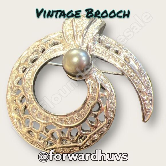 Bundle Sale 3 for $15 | Vintage Silver Tone Metal Brooch | Rhinestone - Faux Pea - Picture 3 of 8